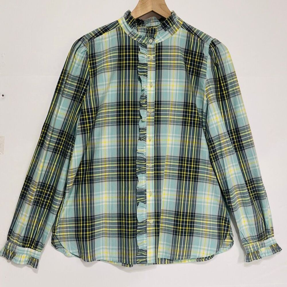 LOFT Plaid Ruffle Neck Long Sleeve Blouse Size M
